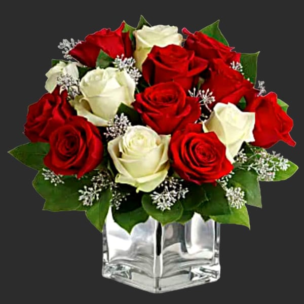 Red and white roses arranged in a clear square vase