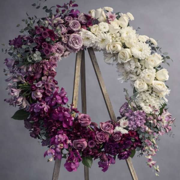 Purple and white floral wreath on a wooden easel