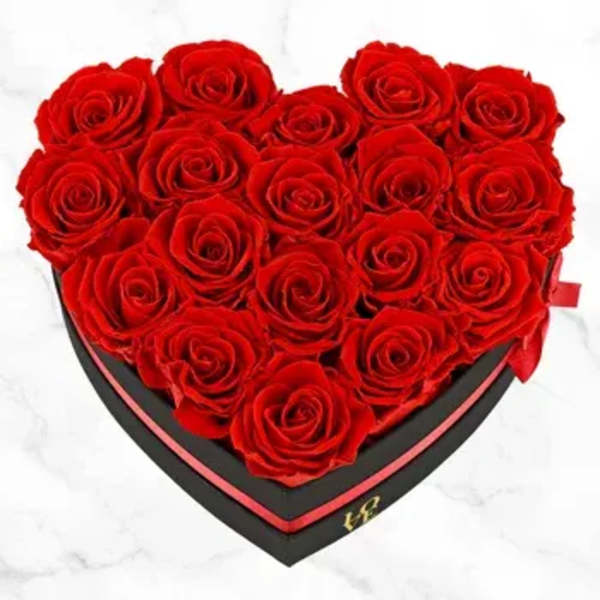 Heart-shaped black box filled with tightly packed red roses on a light background