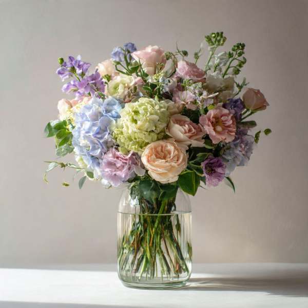 Pastel bouquet of roses, hydrangeas, and lilac flowers in a clear glass vase