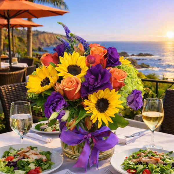 Bright mixed bouquet with sunflowers and roses in a glass vase on a table