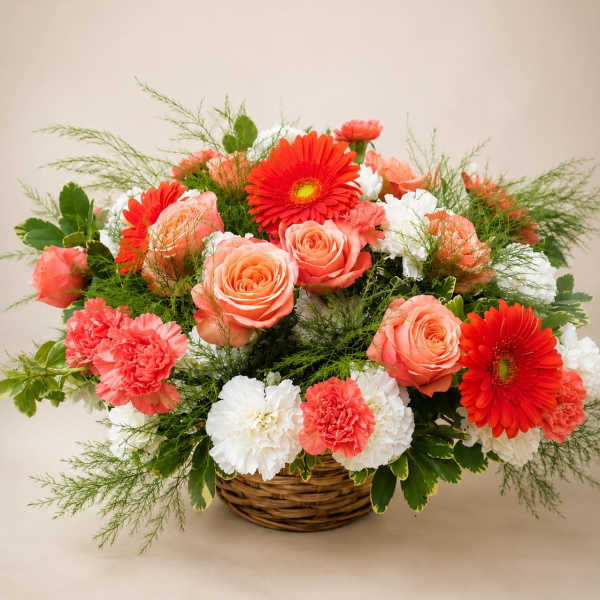 Basket arrangement of coral roses, red gerberas, and white carnations