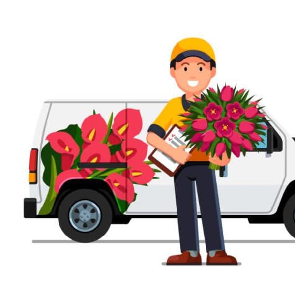 Cartoon florist holding a pink flower bouquet beside a flower delivery van