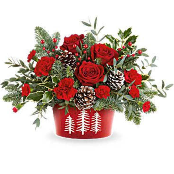 Red roses and carnations in a red container with pinecones