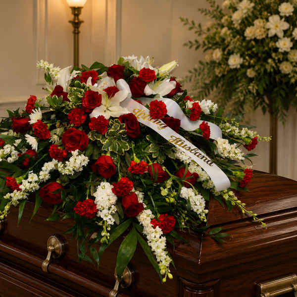 K635 Passionate Remembrances Red & White Mixed Casket Spray