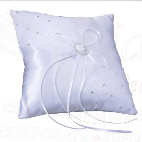 Lavender satin ring pillow with ribbon bow and rhinestone accent
