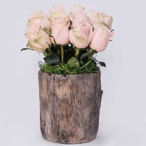 Pale pink roses arranged in a rustic wooden container