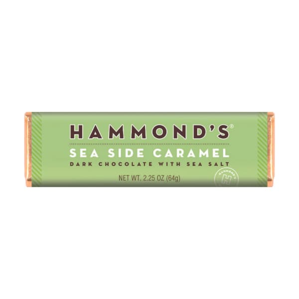 A green Hammond's sea side caramel dark chocolate bar wrapper