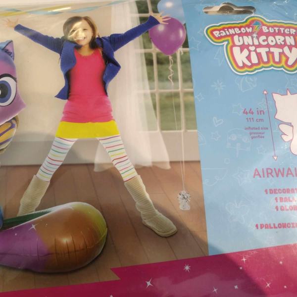 Rainbow unicorn cat balloon kit with a girl and purple balloon