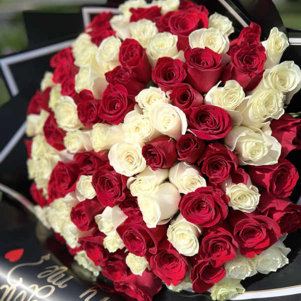 Large bouquet of red and white roses wrapped in black paper