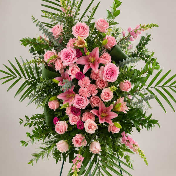 Large standing floral spray with pink roses and lilies on a tripod easel