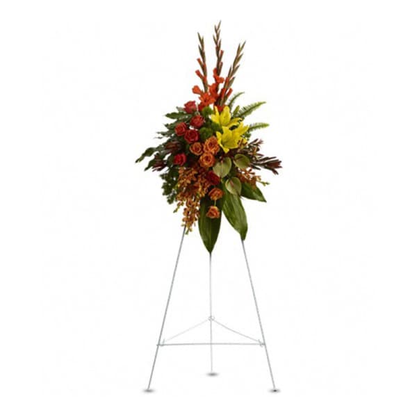 Tall standing floral spray with red, orange, and yellow flowers