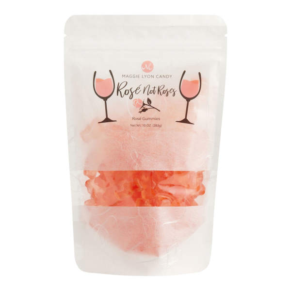 Bag of pink rosé gummies with wine glass graphics
