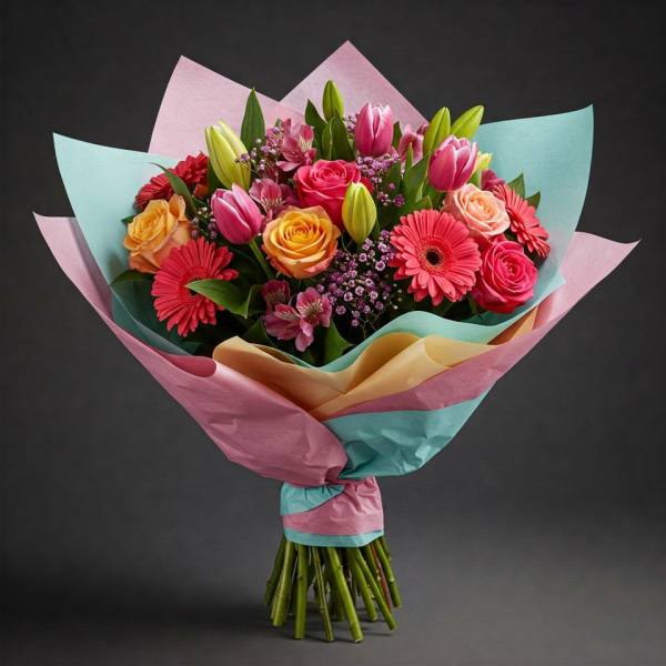 Bouquet of pink, yellow, and peach flowers wrapped in pastel paper