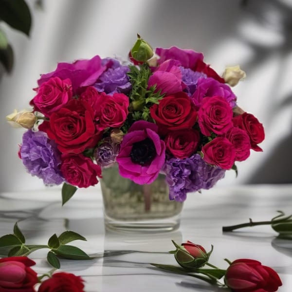 Pink and purple flower arrangement in a clear glass vase