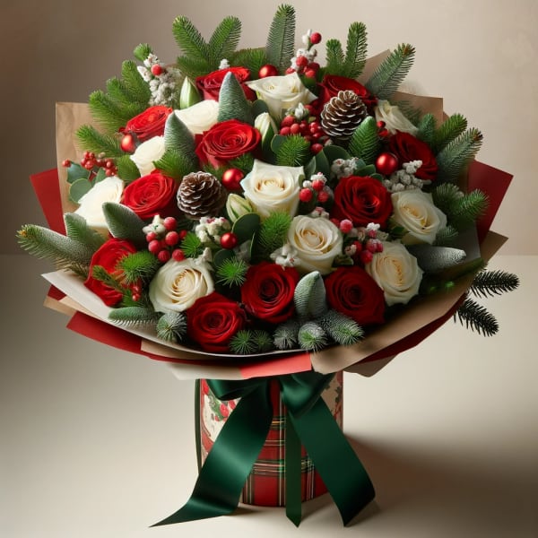Bouquet of red and white roses with pinecones and evergreen accents