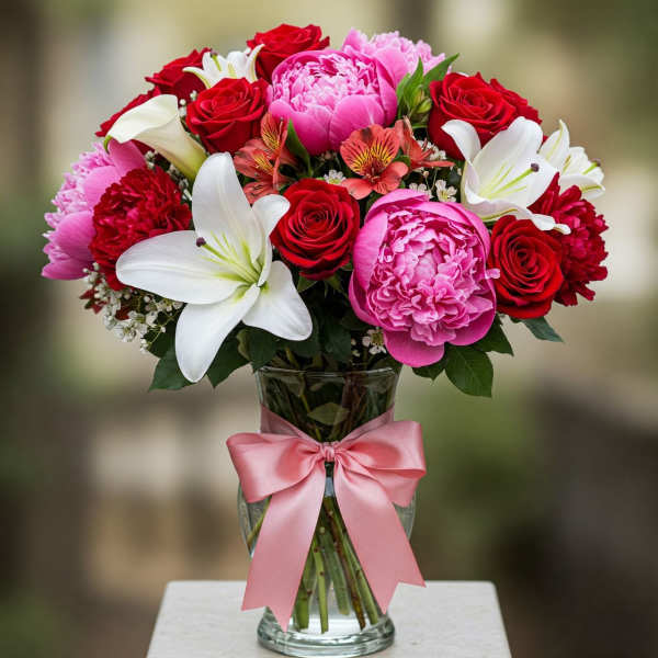 Bouquet of red and pink flowers in a glass vase with a pink ribbon