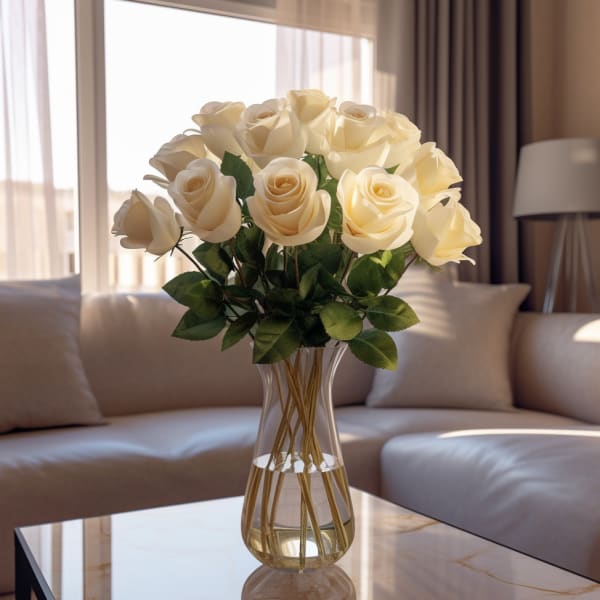 Cream-colored roses in a clear glass vase on a table