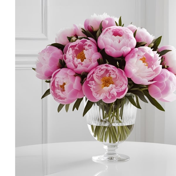 Pink peonies arranged in a clear glass vase