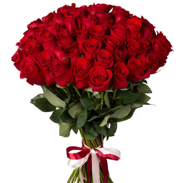 Large bouquet of red roses tied with a red and white ribbon