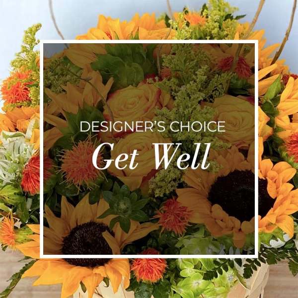 Bouquet of yellow sunflowers and orange blooms with green filler