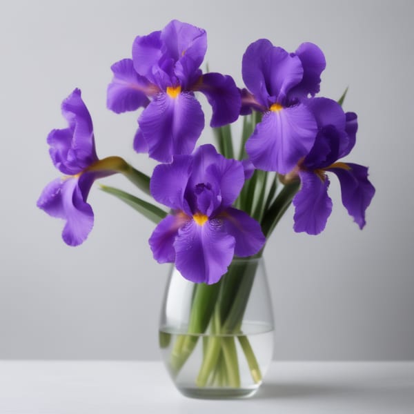 Purple iris flowers in a clear glass vase