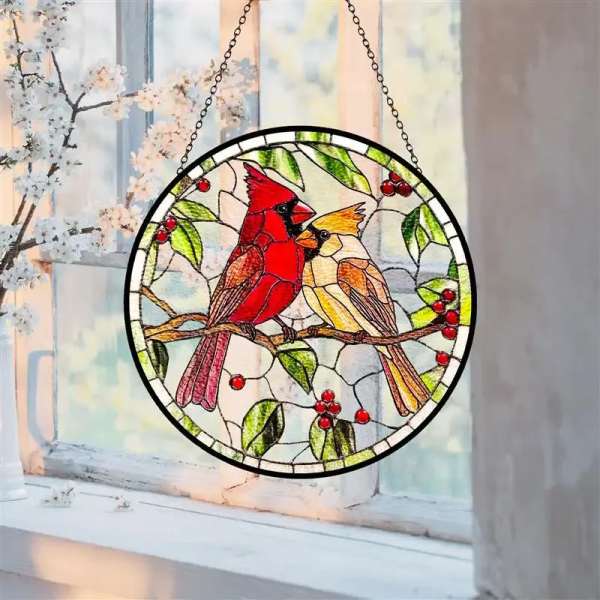 Cardinals Stained Glass Suncatcher, Cardinal Window Hanging