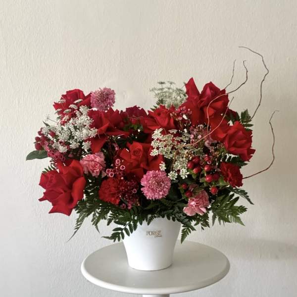 Ruby Romance- french red roses, dianthus, hypericum