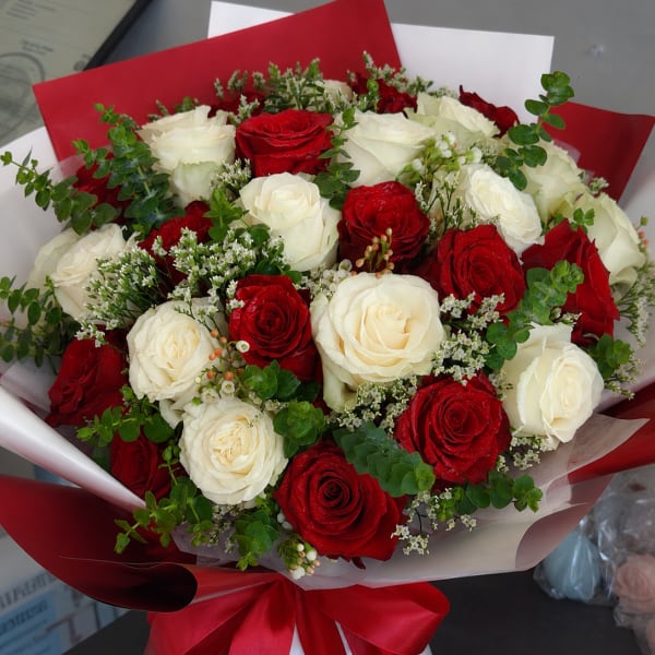 Crimson & Ivory Romance Premium Red & White Rose Bouquet