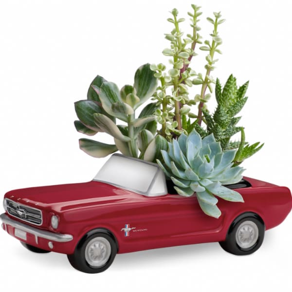 Succulents arranged in a red toy car planter