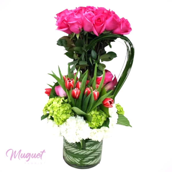 Enchanted Blooms: Lovely Pink Rose and Tulip Arrangement