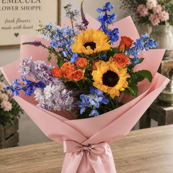Bouquet of sunflowers, orange roses, and blue flowers wrapped in pink paper
