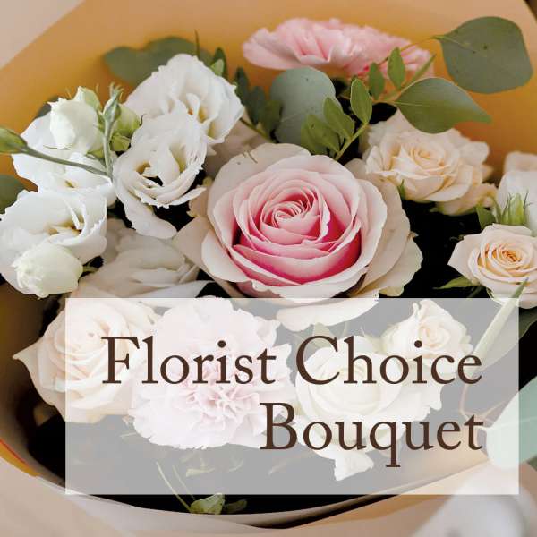 Bouquet of pink and white roses with eucalyptus