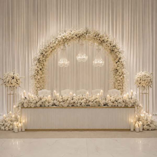 Luxe White Floral Head Table and Grand Arch Backdrop