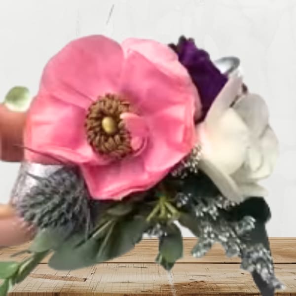 Small bouquet with pink, white, and purple flowers