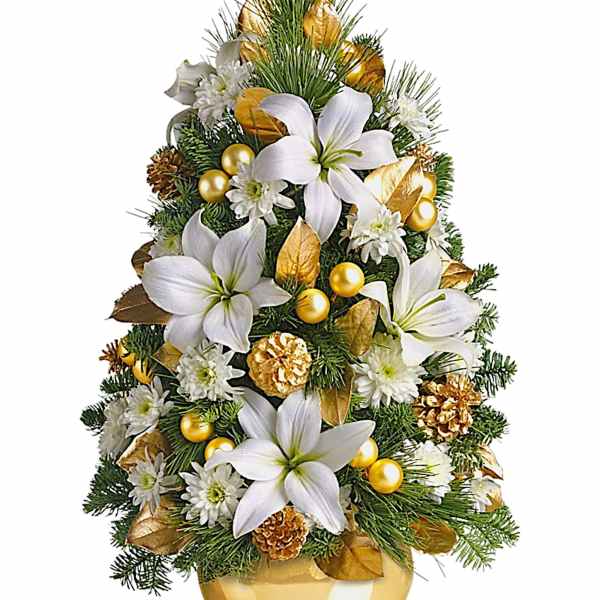 White lilies and gold ornaments arranged in a gold vase