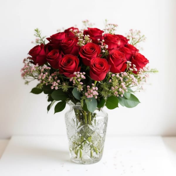 Red roses in a clear glass vase with pink filler flowers