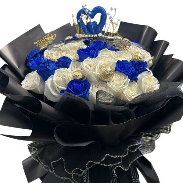Bouquet of blue and white roses wrapped in black paper