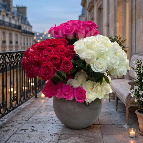 Large arrangement of pink, red, and white roses in a round planter