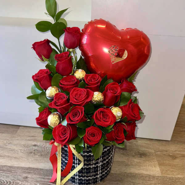 Beautiful fabric box, red roses, heart-shaped balloon with a "Happy Mother's Day" topper, Ferrero Rocher encapsulated chocolates