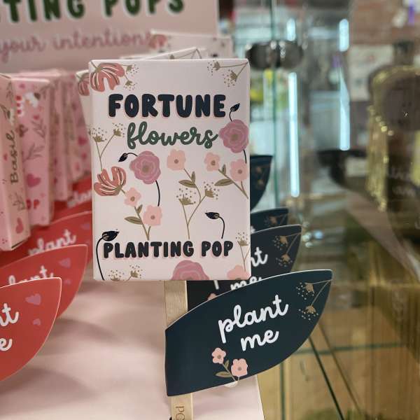 Decorative plant gift boxes with floral prints and "fortune flowers" text