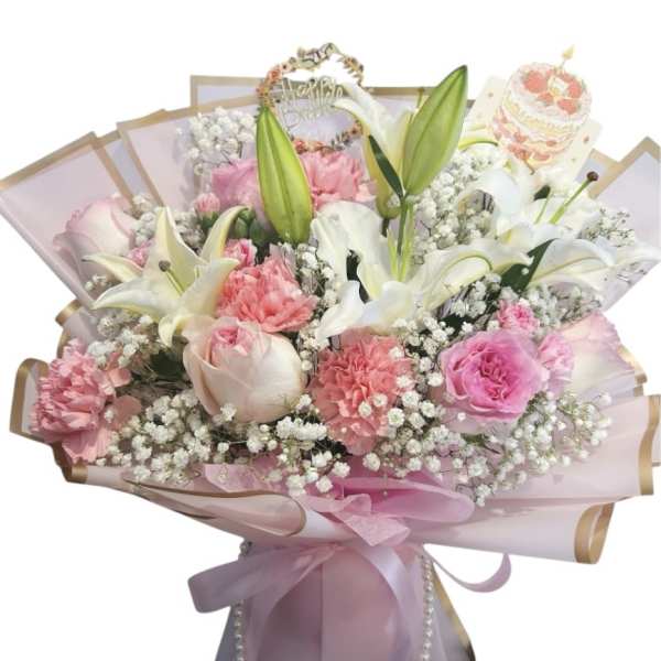 Pink and white bouquet with lilies, roses, and carnations wrapped in pastel paper