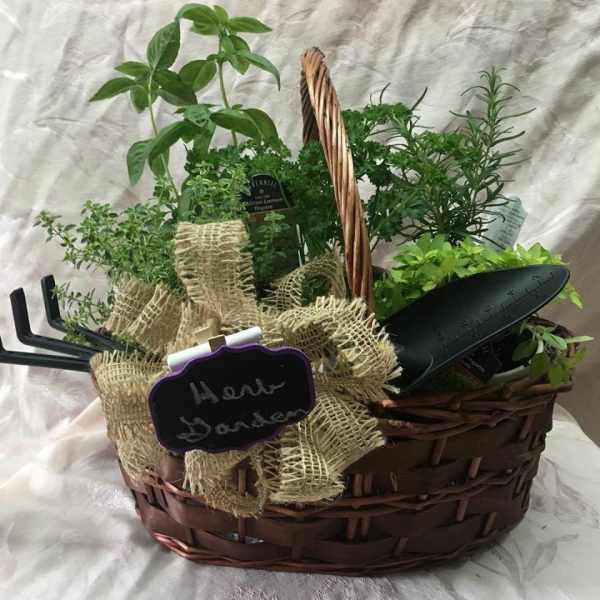 Basket of assorted potted herbs with a burlap bow and chalkboard tag