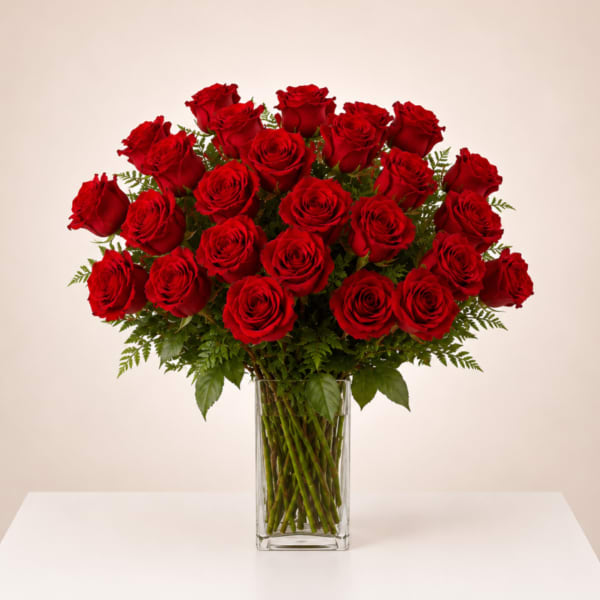 24 Red Roses in Gathering Vase