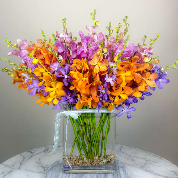 Bright orange, purple, and pink orchid arrangement in a clear vase