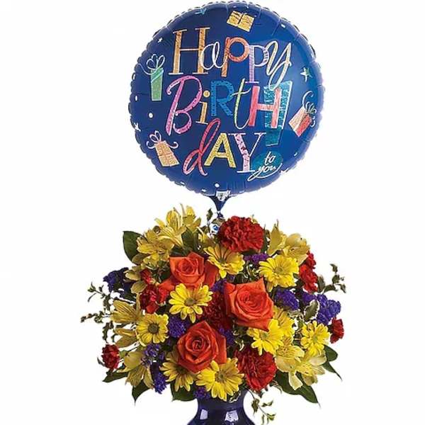 Birthday bouquet in a blue vase with a Happy Birthday balloon