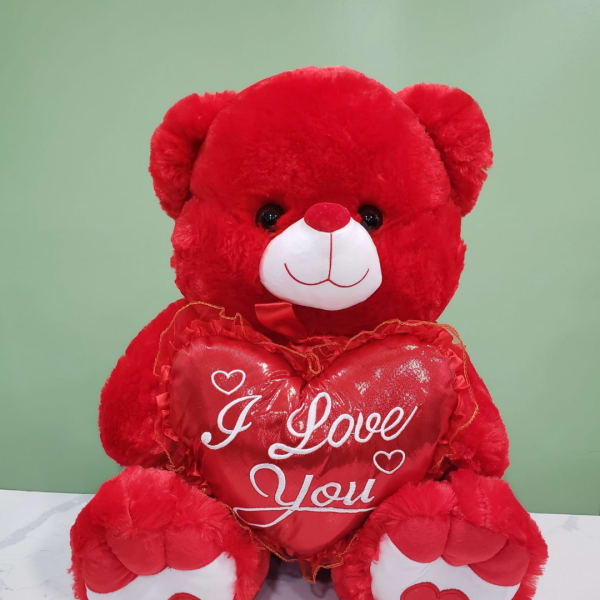Red teddy bear holding a heart that says "I Love You"