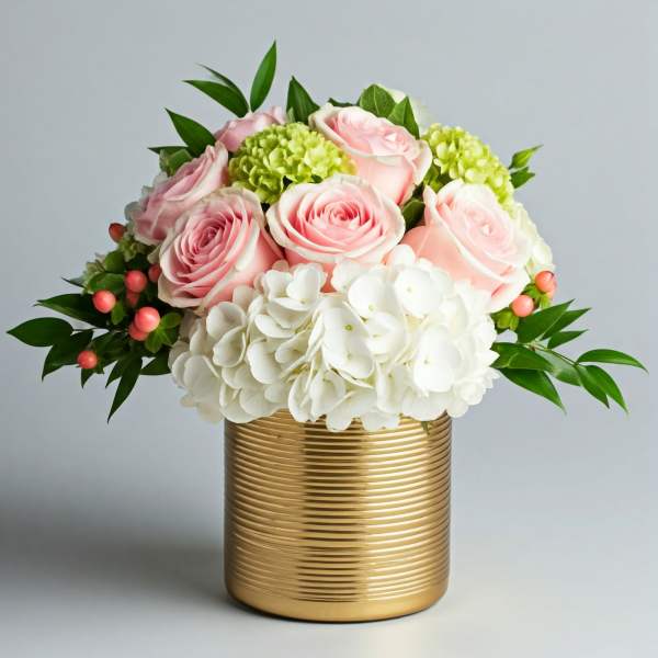 Pink roses and white hydrangeas in a gold vase