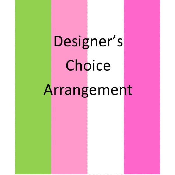 Designer’s choice arrangement graphic with pink, white, and green stripes