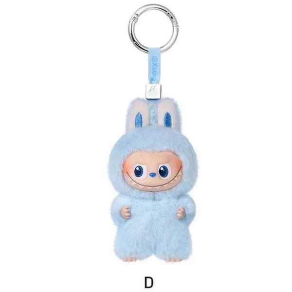 Blue plush character keychain with a metal ring